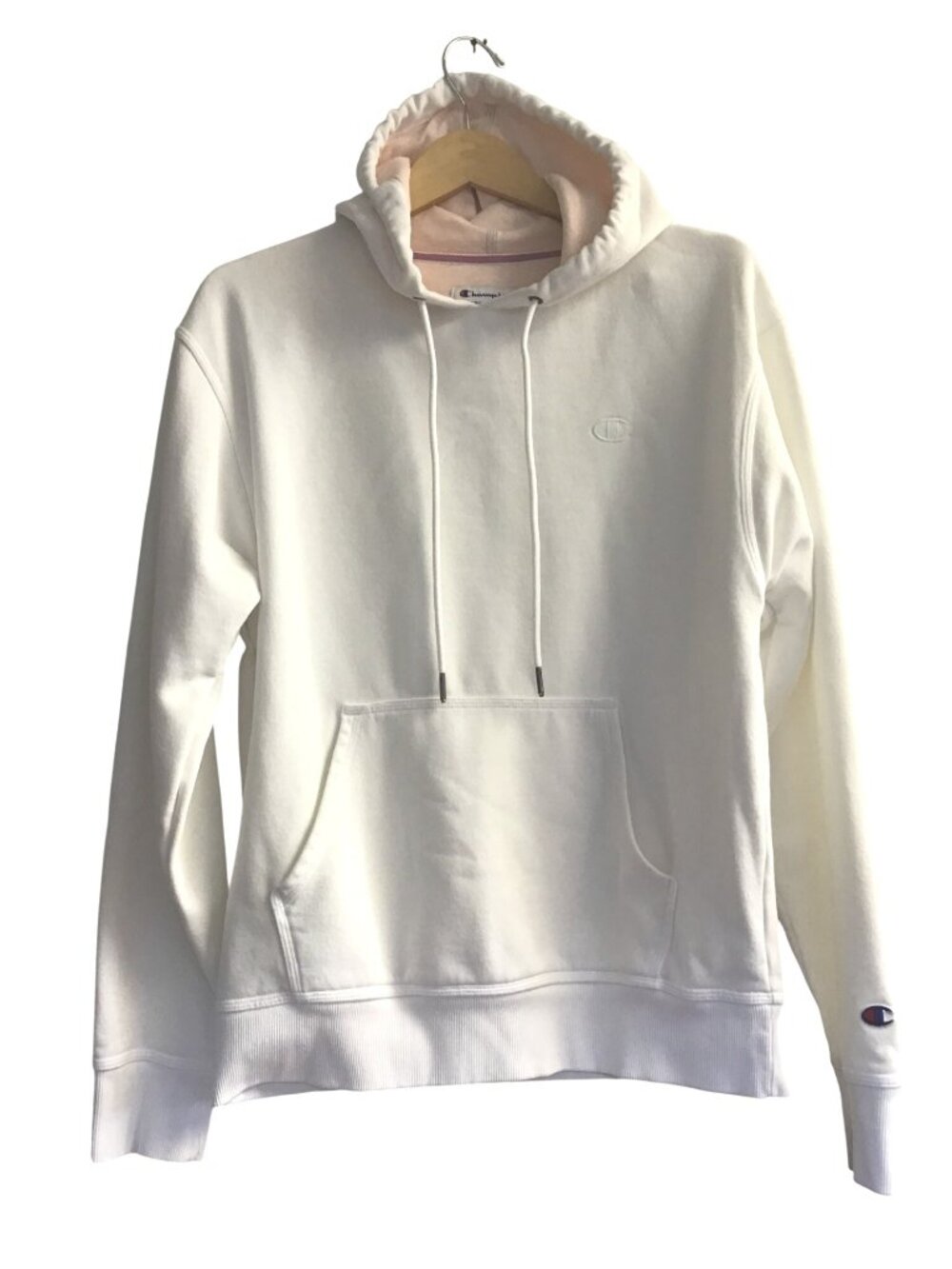 CHAMPION - MENS WHITE LONG SLEEVE KANGAROO POCKET HODDIE SIZE MEDIUM